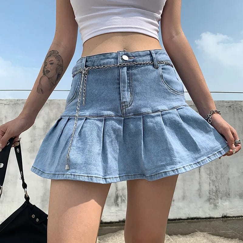 Woman Fashion Denim Pleated Skirts Mini Solid Casual Korean Style