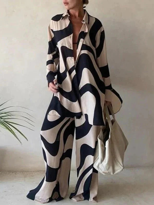 Plus Size Long Sleeve Printed Shirt And Pants Two Piece Set L 108929