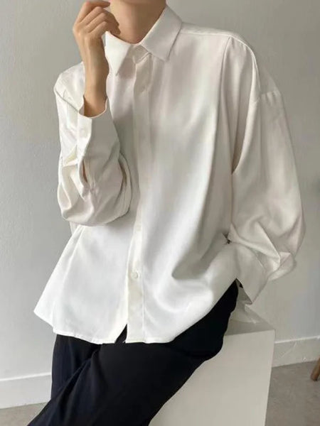 Simple Long Sleeves Loose Buttoned Pleated Solid Color Lapel Collar Blouses&Shirts Tops 112646