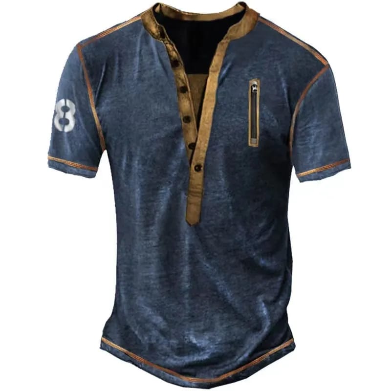 mens ethnic style printed cotton breathable summer short sleeve buttons fly henley shirts