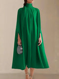 Simple Batwing Sleeves Lace-Up Solid Color High-Neck Midi Dresses L 113993