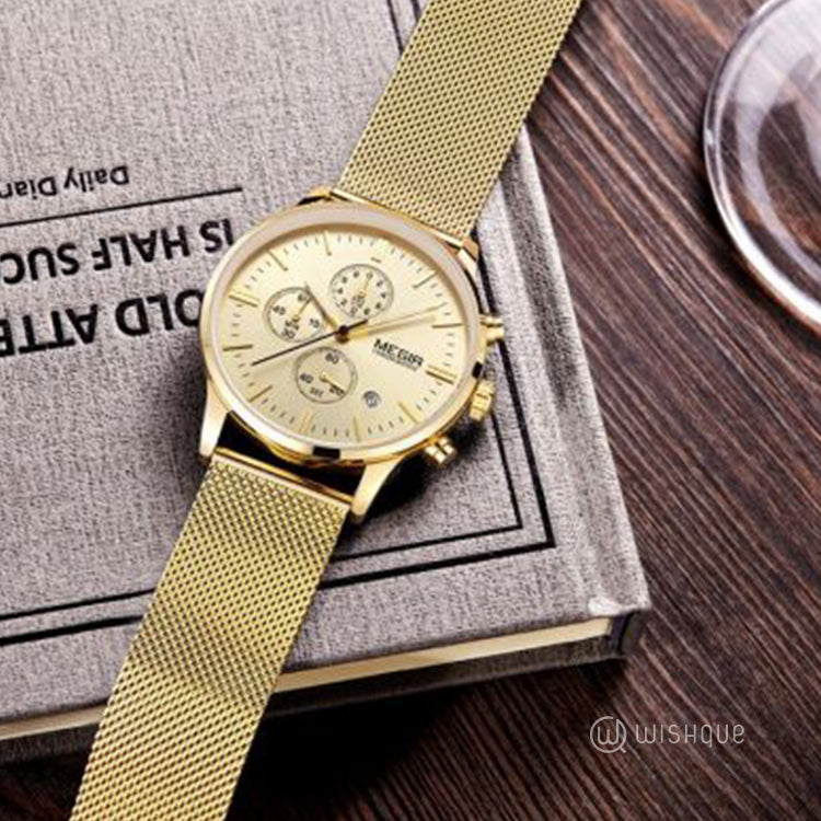 MEGIR Chronograph Stainless Steel Waterproof Men's Gold Watch MS2011GGD