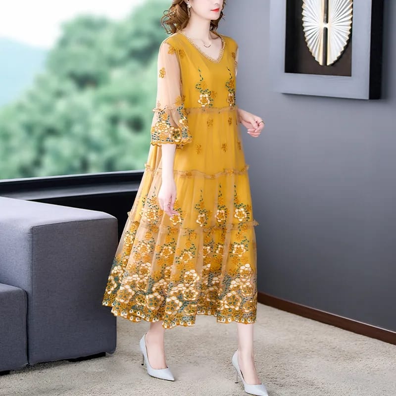 Summer Embroidery Floral Natural Silk Light Midi Dress Women Korean Fa