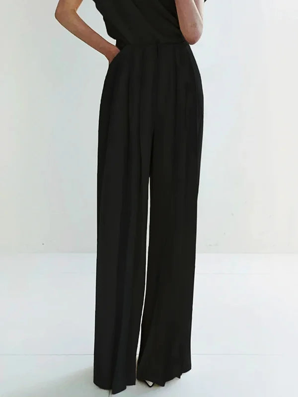 Urban Solid Color Pleats High Waisted Wide Leg Pants L 104383