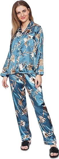 Silk Pajamas Womens Long Pj Set Button Down Sleepwear Satin Two-Piece  Loungewear