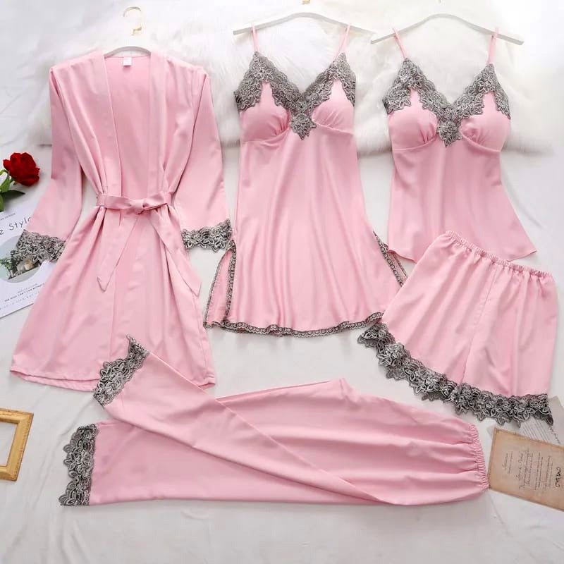 Sweet Nights Berry Pink Satin Lace Two-Piece Pajama Set