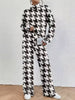 Women's Elegant Casual Houndstooth Print High-Neck Long-Sleeve Top and Pants 2pcs Set 68997