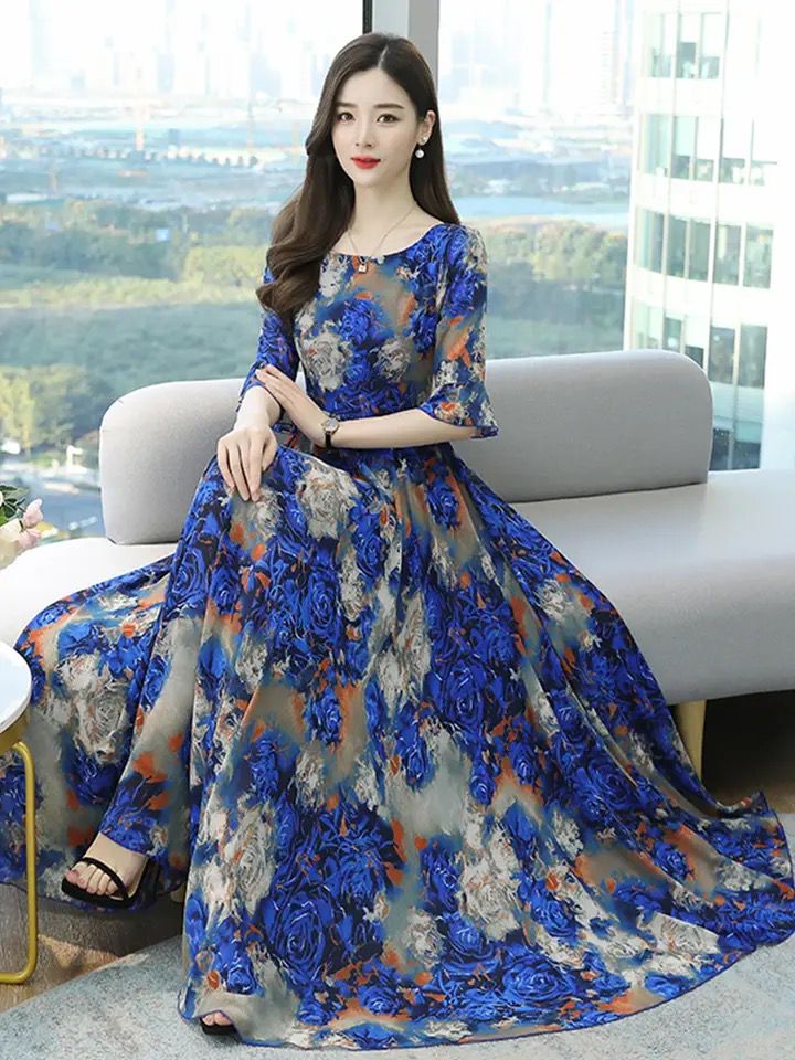 Chiffon Summer Elegant Beach Maxi Dress Blue Casual Floral Long Dresse