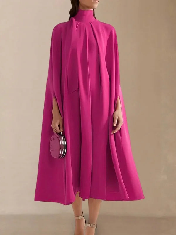 Simple Batwing Sleeves Lace-Up Solid Color High-Neck Midi Dresses L 113993