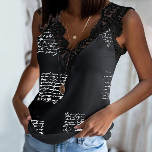Blouse Women Elegant Sleeveless Tops Lace Splicing V-Neck Tank Top