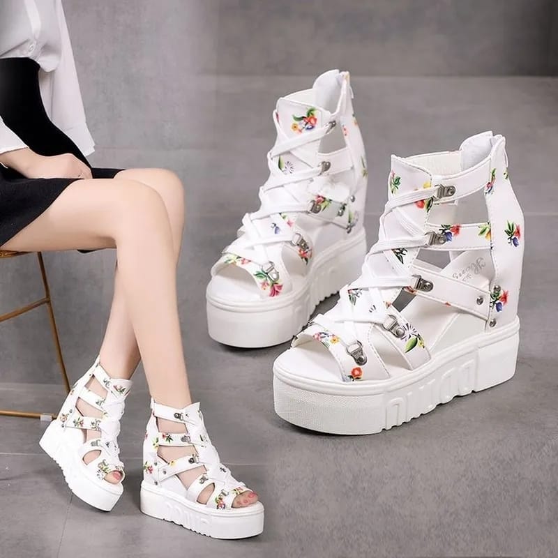 Women Floral Graphic Lace-Up Front Wedge Summer Sandals - Tuzzut.com Qatar Online Shopping