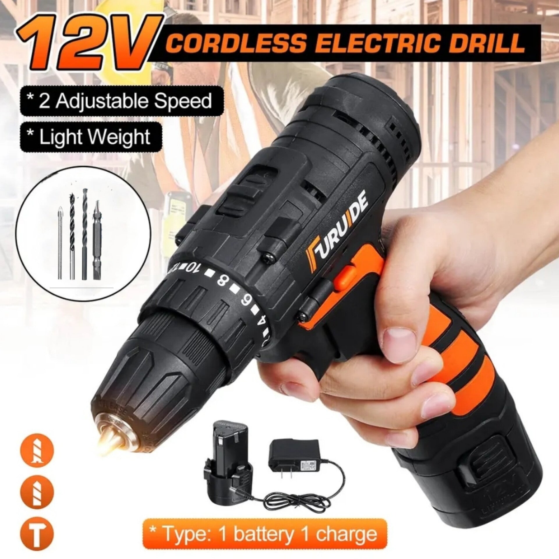 12V Multifunction Drill Screwdriver 2 Speed Electric Cordless Drill Driver Bits Set TUZZUT