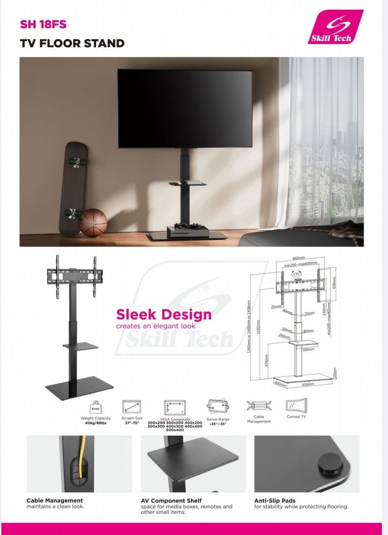 TV Floor Stand With Single Shelf - SH 18FS (Fits Most 37" ~ 70" Screen, Weight Capacity 40kg) - TUZZUT Qatar Online Shopping