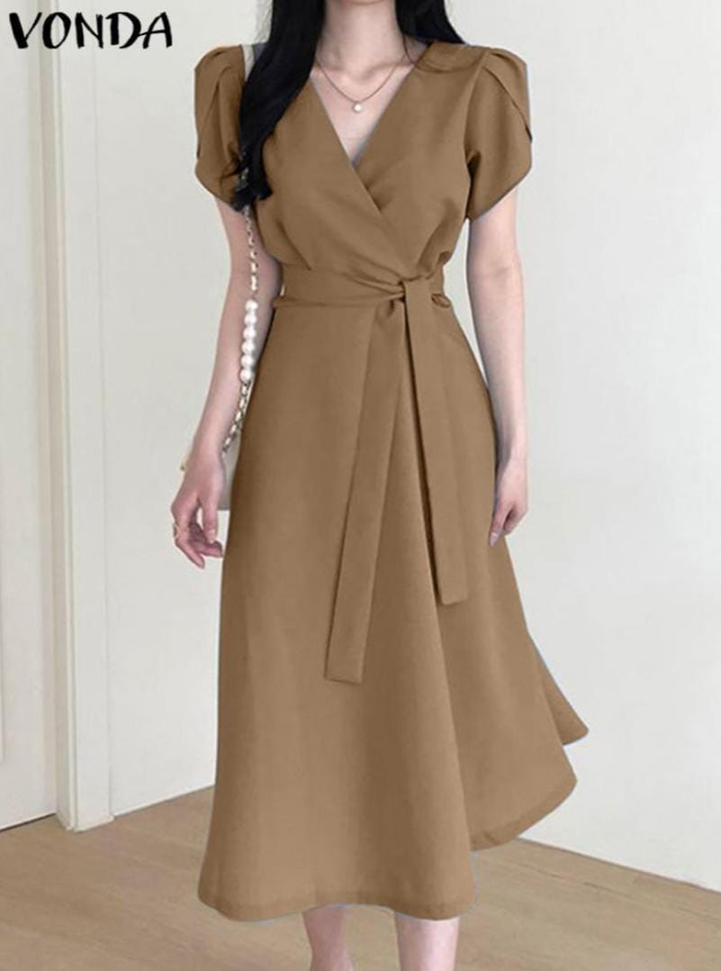 VONDA Dresses For Women V Short Puff LaceUp ALine Bohemian Casual Su