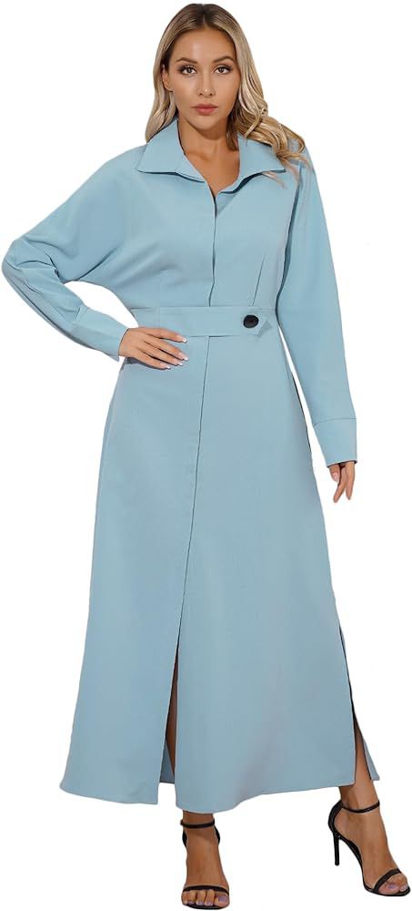 Womens Solid Slit Maxi Shirt Dress Collared Neck Long Sleeve Button Up