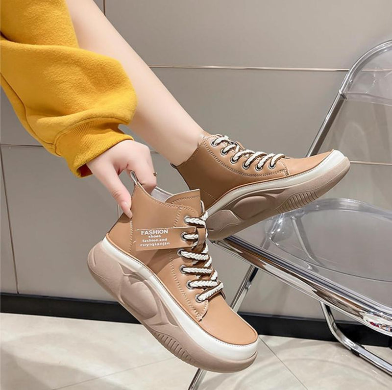 Women's Genuine Leather Lace Up Thick Flat Bottom Ankle Boots CLR-16 - TUZZUT Qatar Online Shopping