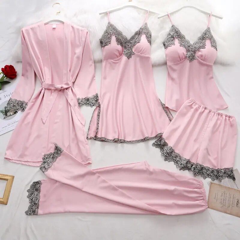 Women's Satin Pajamas Set Silk Sleepwear 5 Pieces M S18242601 - TUZZUT Qatar Online Shopping