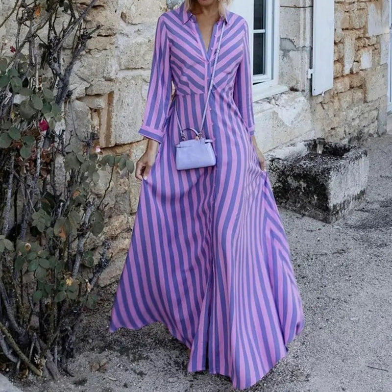 Women's Fashion Striped Print Long Sleeve Maxi Dress L a791bq