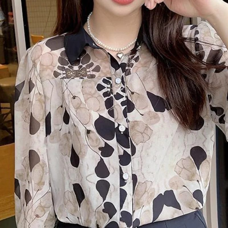 Fashion Printing Turn-down Collar Long Sleeve Blouse 2XL X5049389