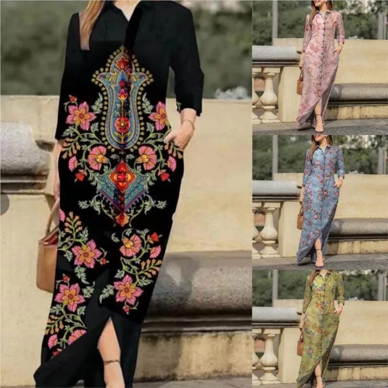 New Autumn Women's Casual Lapel Collar Button Vintage Floral Print Boho Long Dress B-106773
