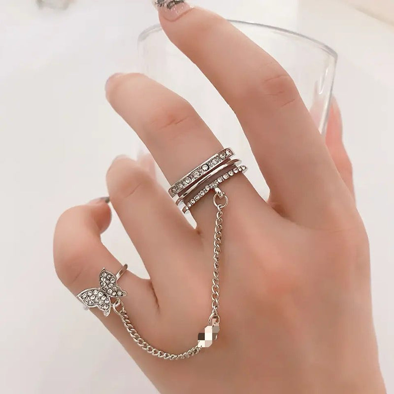Butterfly Zircon Chain Rings For Women Girls Silver Color S4647740 - Tuzzut.com Qatar Online Shopping