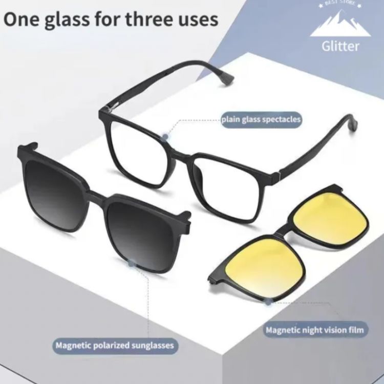 Sunglasses set Men Sunglasses 3 In 1 Glasses Eyewear Clips Magnetic Glasses Night Vision plain glass spectacles Metal with Magnet Clip on Sunglasses - Tuzzut.com Qatar Online Shopping