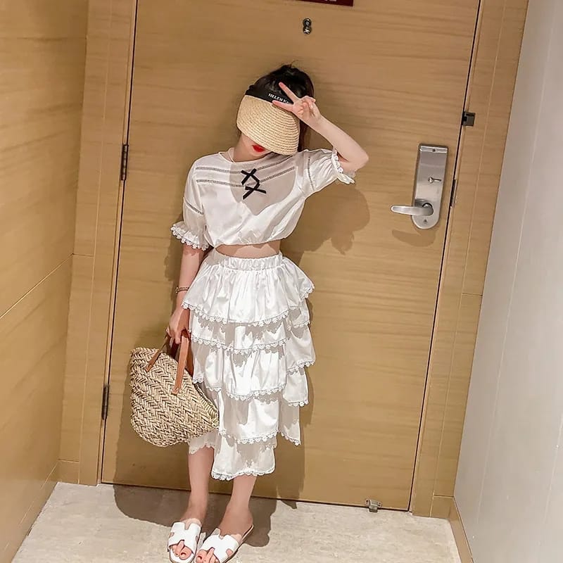 Skirt Set for Girls Summer New Short Sleeve T-shirt Layered Skirt