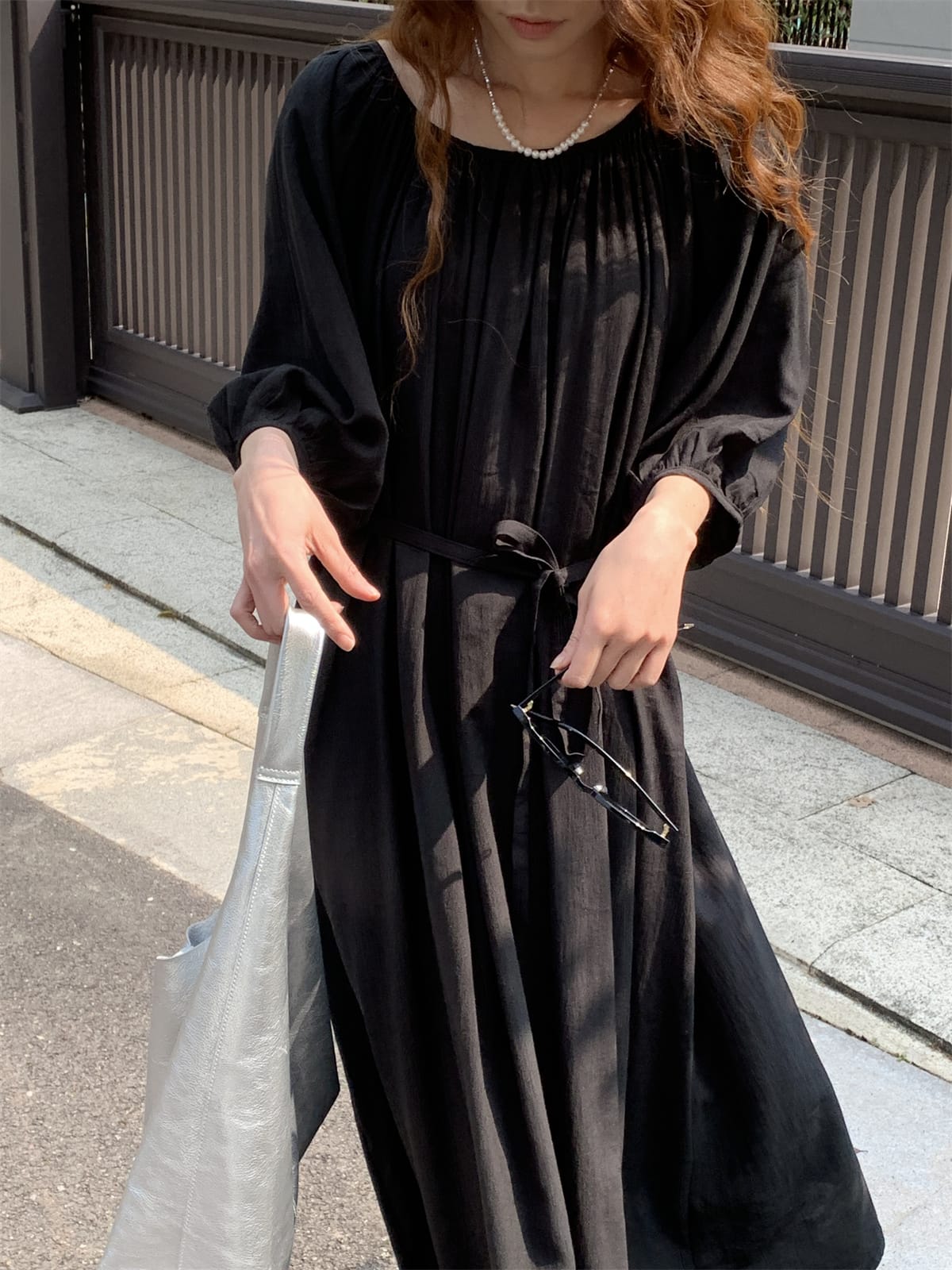 knee length dresses for ladies Women's Fashion Satin Silk Lace-up Waist Hugging Puff sleeve Dress S43