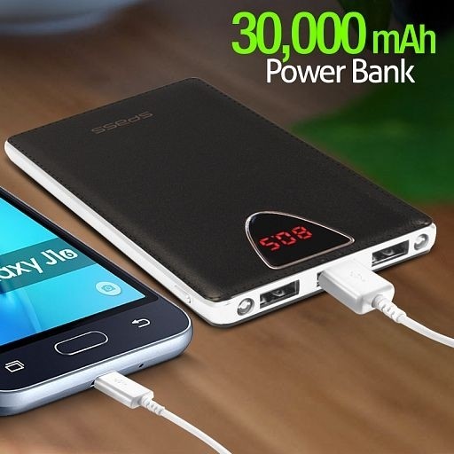 sPass Fast Charge 3 USB Port 30,000 mAh Power Bank With LCD For Smartphones & Tablets (K6), Black - Tuzzut.com Qatar Online Shopping