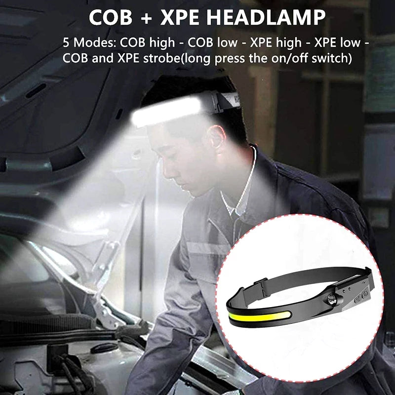 Mini COB LED Headlamp Waved Sensor Rechargeable Flashlight Headlight - Tuzzut.com Qatar Online Shopping