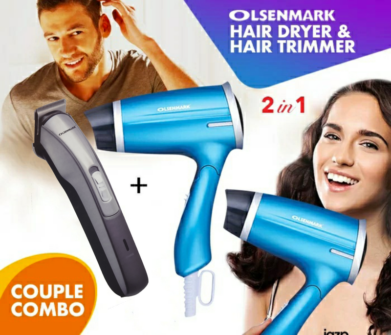 Olsenmark OMH4008+OMTR4061 Pack Of Mini Hair Dryer & Hair and Beard Trimmer Couple Combo (Set of 2) - Tuzzut.com Qatar Online Shopping