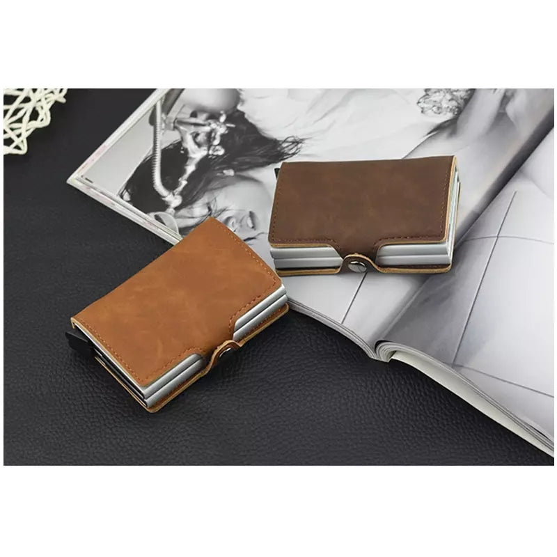 Double Aluminum RFID Leather Credit Card Holder (automatic Pop Up)- Small Card Case Wallet - Tuzzut.com Qatar Online Shopping