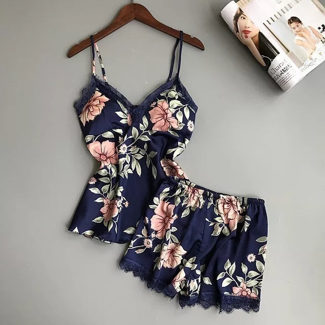 Women’s Floral Printed Lace-Trim Pajama Set (Cami Top + Shorts) - Tuzzut.com Qatar Online Shopping