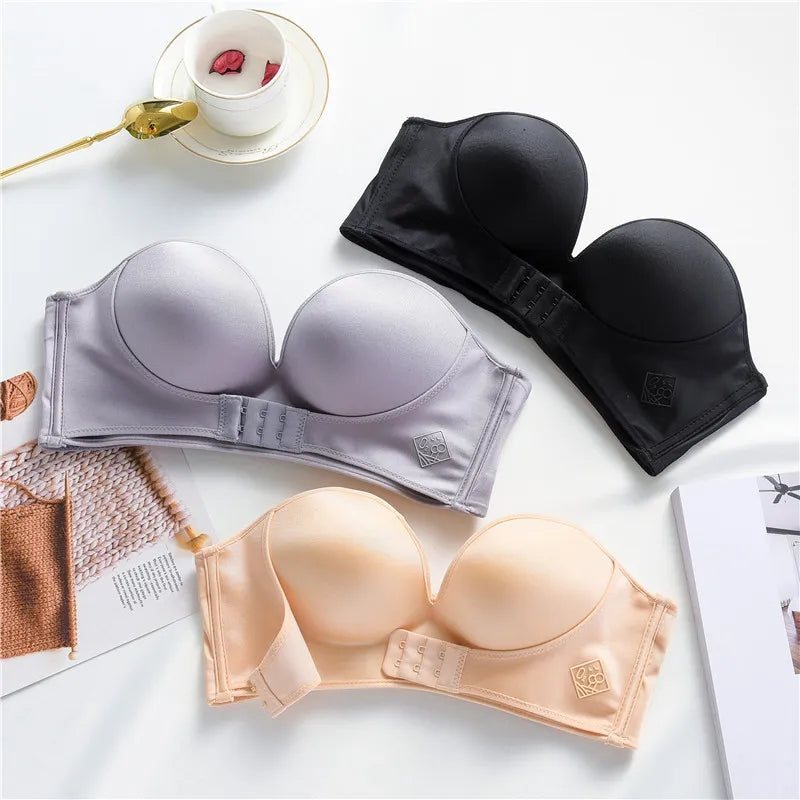 Women Lingerie Strapless Bra Front Buckle Lift Bra, Wire-Free Anti-Slip  Invisible Push Up Backless Bandeau Bra for Women Black at  Women's  Clothing store