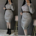 Turkish Knitted Semi-Wool Elastic Dress with Belt - Tuzzut.com Qatar Online Shopping