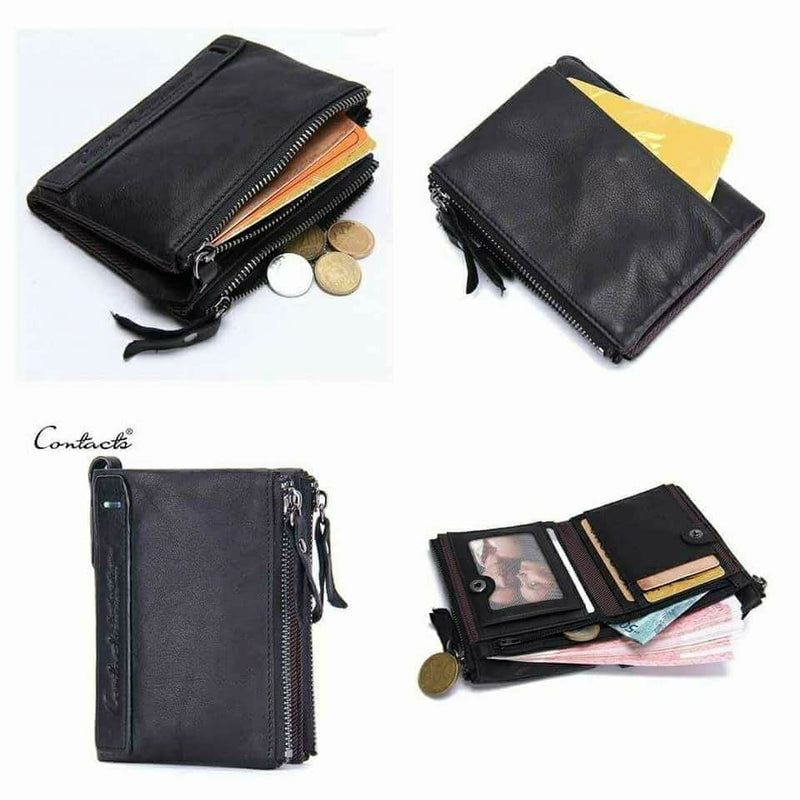 Contact's Vintage Crazy Horse Cowhide Genuine Leather Wallet Double Zipper Coin Purse - N0029 - Tuzzut.com Qatar Online Shopping