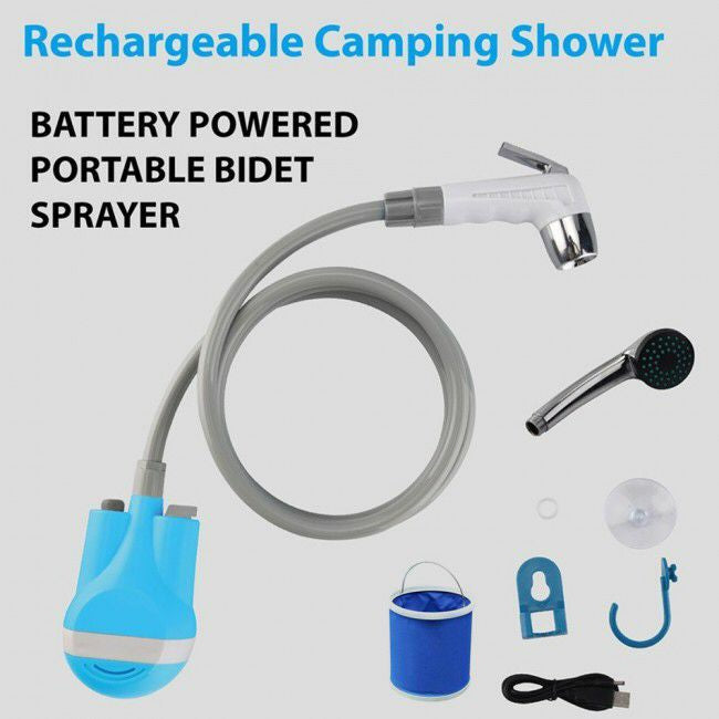 Rechargeable Camping Shower Portable Bidet Sprayer with Foldable Bucket