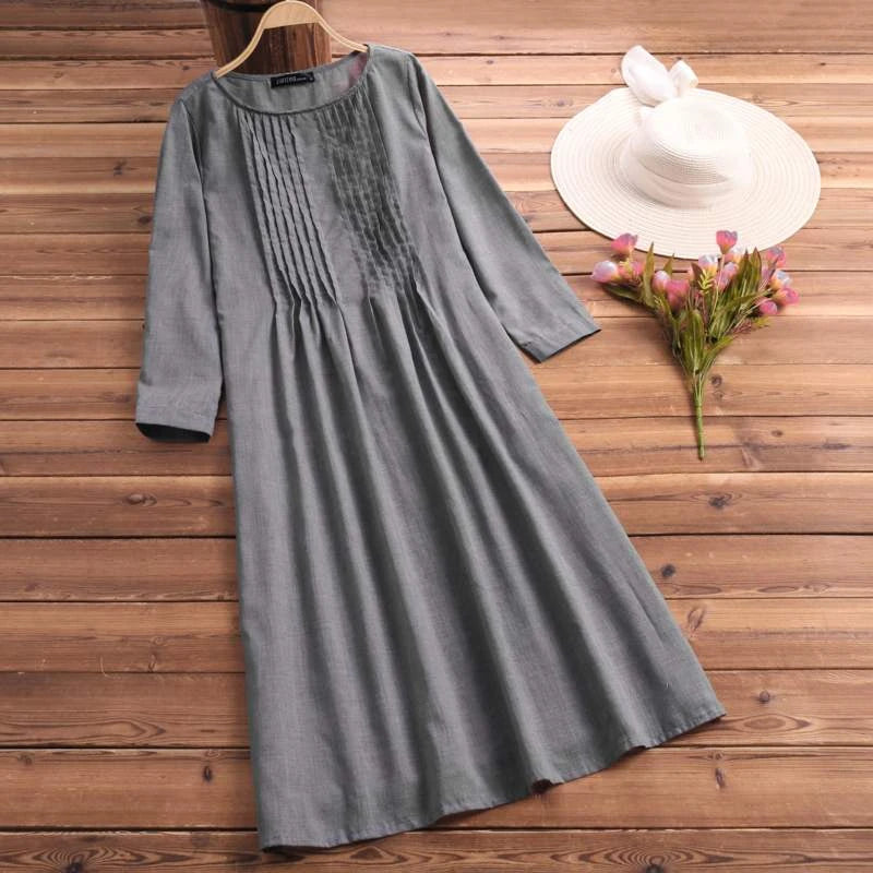 Vintage Pleated Midi Dress Women's Spring Sundress ZANZEA Casual