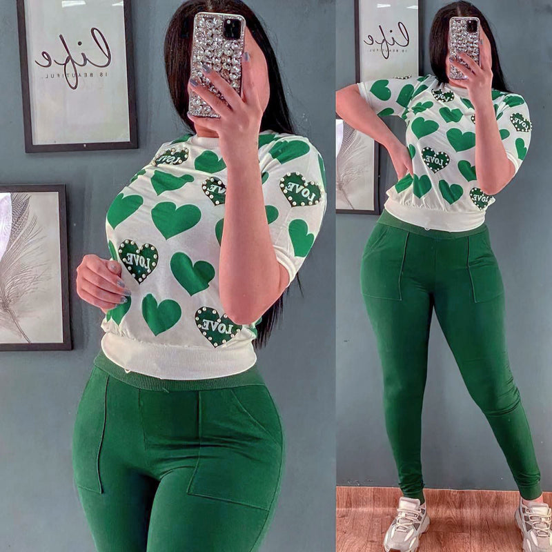 Turkish Pearl Decorated Printed Half Sleeve Top & Pant - Green - Tuzzut.com Qatar Online Shopping