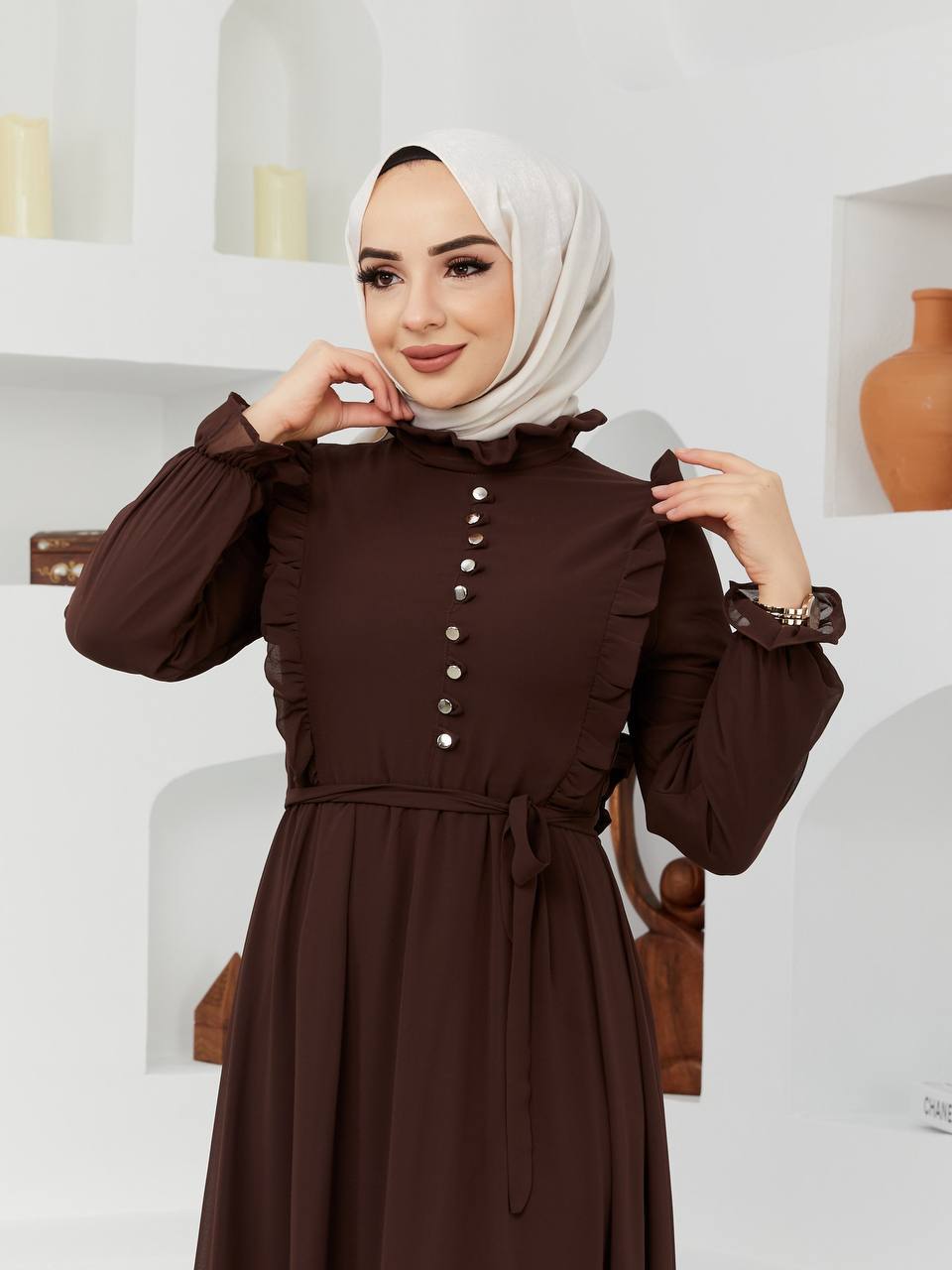 Efsun Moda Turkish Women's Chiffon Maxi Dress - 1202 Brown
