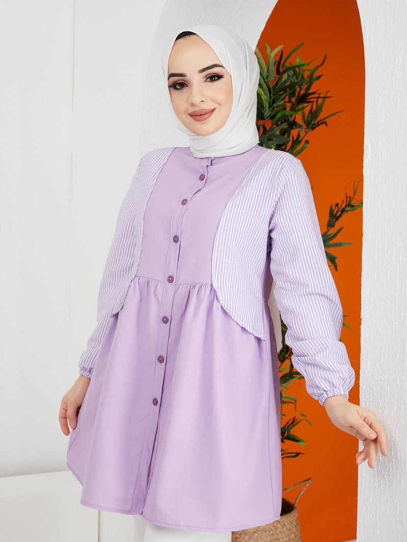 Turkish Women's Poplin Long Top Shirt - LT222 Violet - Tuzzut.com Qatar Online Shopping