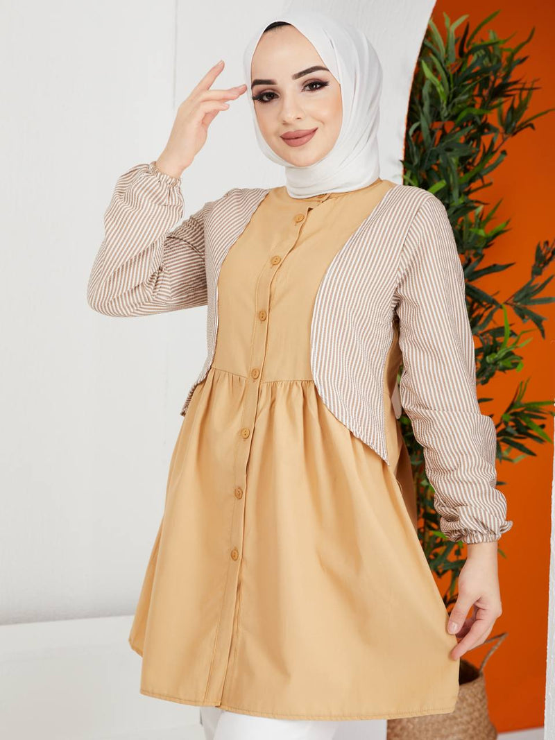 Turkish Women's Poplin Long Top Shirt - LT222 Cream - Tuzzut.com Qatar Online Shopping
