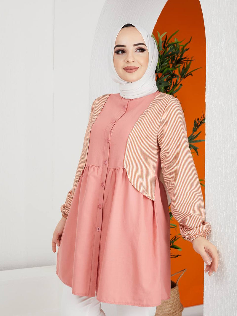 Turkish Women's Poplin Long Top Shirt - LT222 Pink - Tuzzut.com Qatar Online Shopping