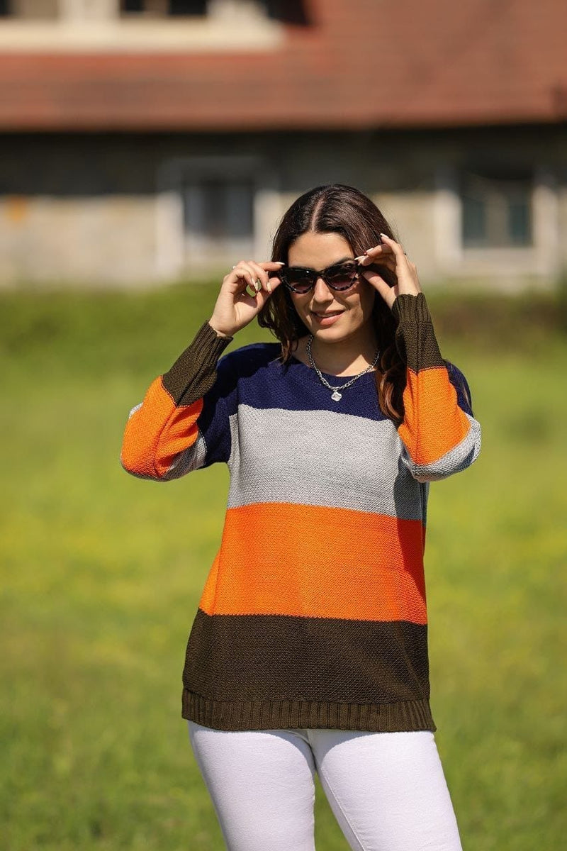 Women Colorblock Turkish Knitted Long Sleeves Sweater - Tuzzut.com Qatar Online Shopping