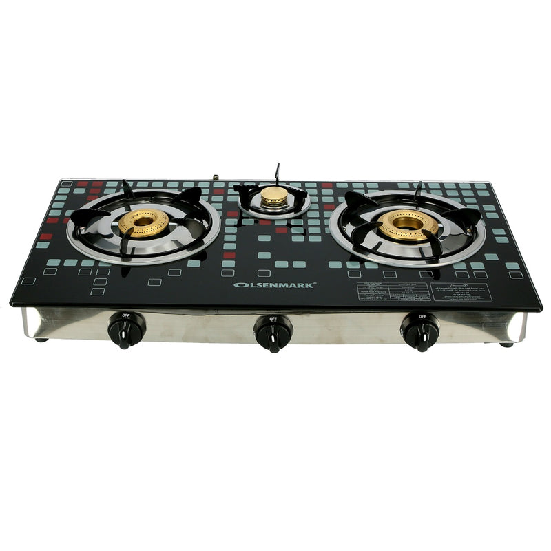 Highly Efficient Tempered Glass Triple Burner Gas Stove with Auto Ignition OMK2224 Olsenmark - Tuzzut.com Qatar Online Shopping