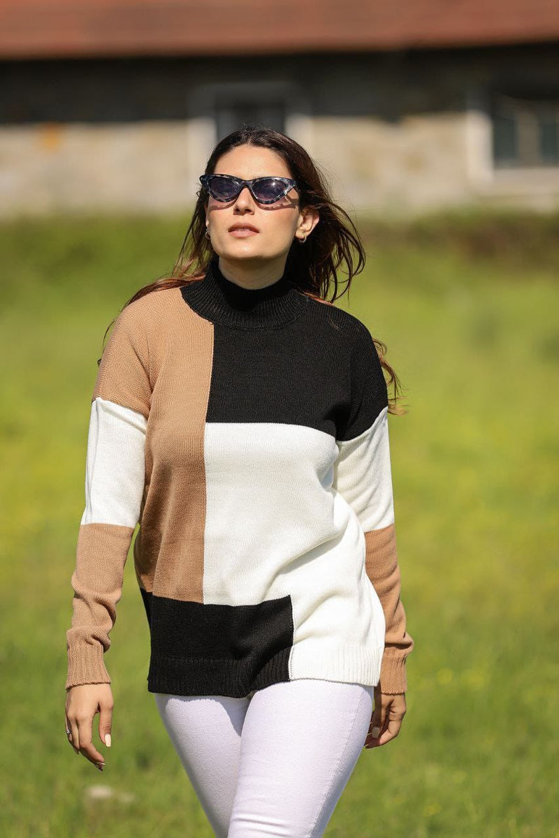 Women Square Colorblock Turkish Knitted Long Sleeves Sweater B443 - Tuzzut.com Qatar Online Shopping