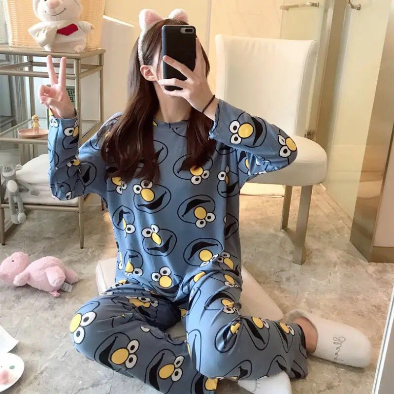 Women's Autumn Cute Cartoon Cat Polka Dot Long Sleeve Pajama Set Cotton Top  Long Pants Sleepwear