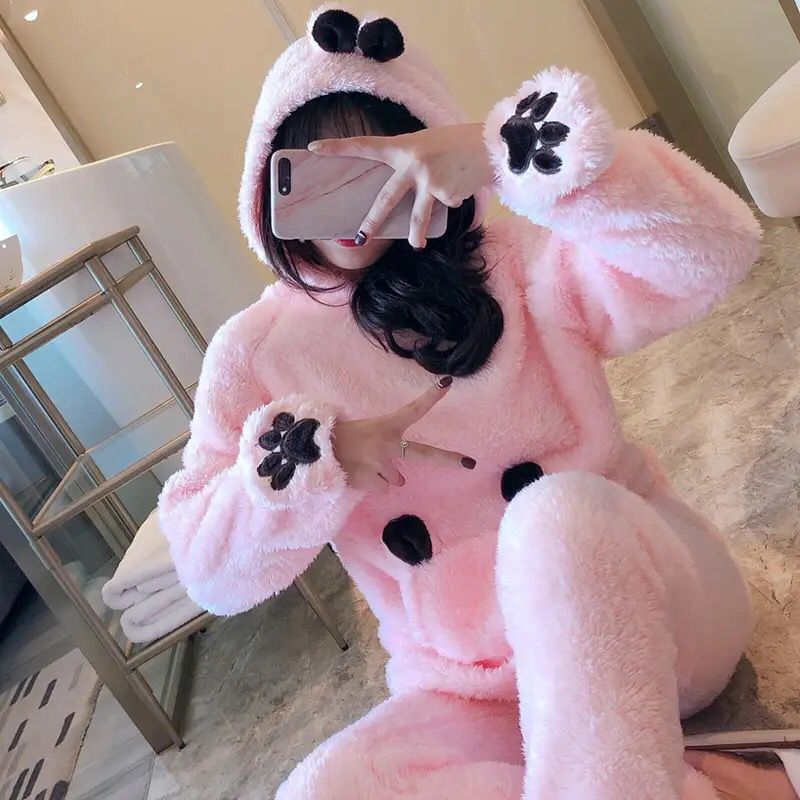 Cartoon Women Pajamas Set Winter Sleepwear Fleece Velvet Warm