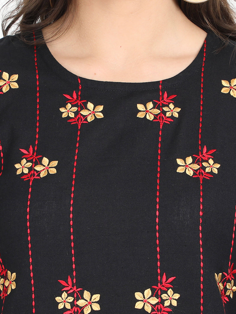 Women Black cotton embroidered kurta with Rayon Black Pant - Tuzzut.com Qatar Online Shopping