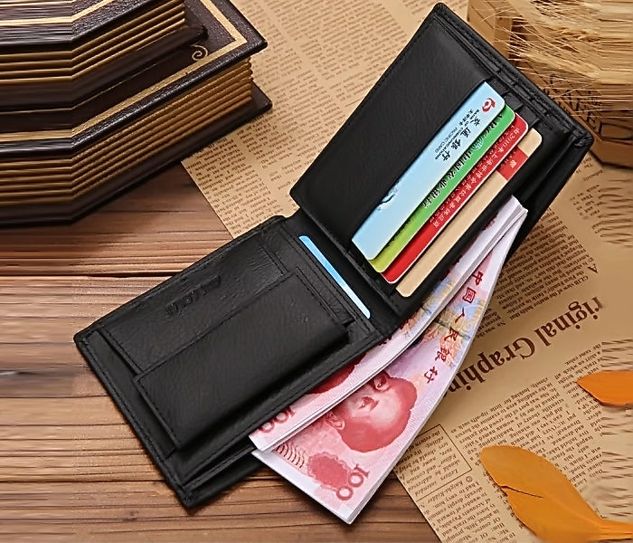 JINBAOLAI CW-8041 Short Bifold Genuine Leather Men Luxury Wallet With Coin Pocket Purse -BLACK - Tuzzut.com Qatar Online Shopping